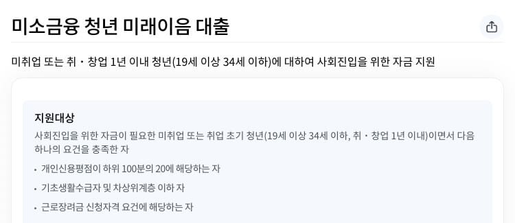 서민금융진흥원 청년 미래이음 대출 상품 페이지 상단(서민금융진흥원 공식 홈페이지)