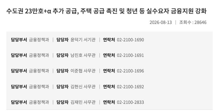 금융위원회 8.13 부동산 금융 종합대책 보도자료 원문 상단 화면(금융위원회 공식 홈페이지)