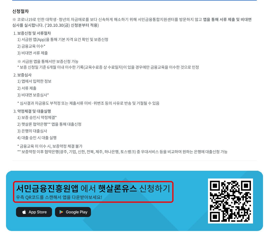 햇살론유스 신청 절차 5단계 및 신청하기 버튼 위치(서민금융진흥원 공식 홈페이지)