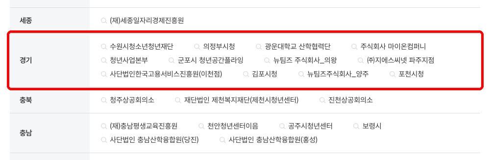 고용24 청년성장프로젝트 신청 2단계 - 경기 지역 청년카페 운영기관 목록(고용24 공식 홈페이지)